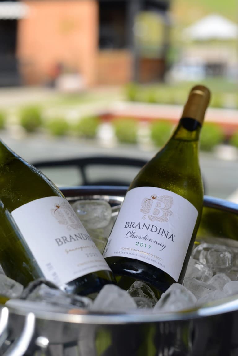 Duas garrafas de vinho branco Brandina Chardonnay geladas em balde de gelo, com o jardim da vinícola ao fundo