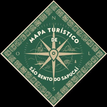 Selo do mapa: losango verde com rosa dos ventos, alfinete e a silhueta da Pedra do Baú