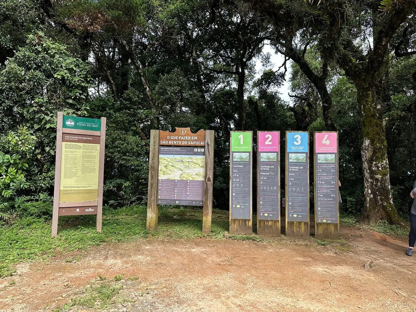 Placas na entrada do Monumento Natural da Pedra do Baú, com informações de segurança e as quatro trilhas por nível de dificuldade